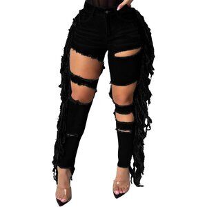 Women Ripped Denim Jeans Washed Hole Mid Waist Straight Leg Stretch